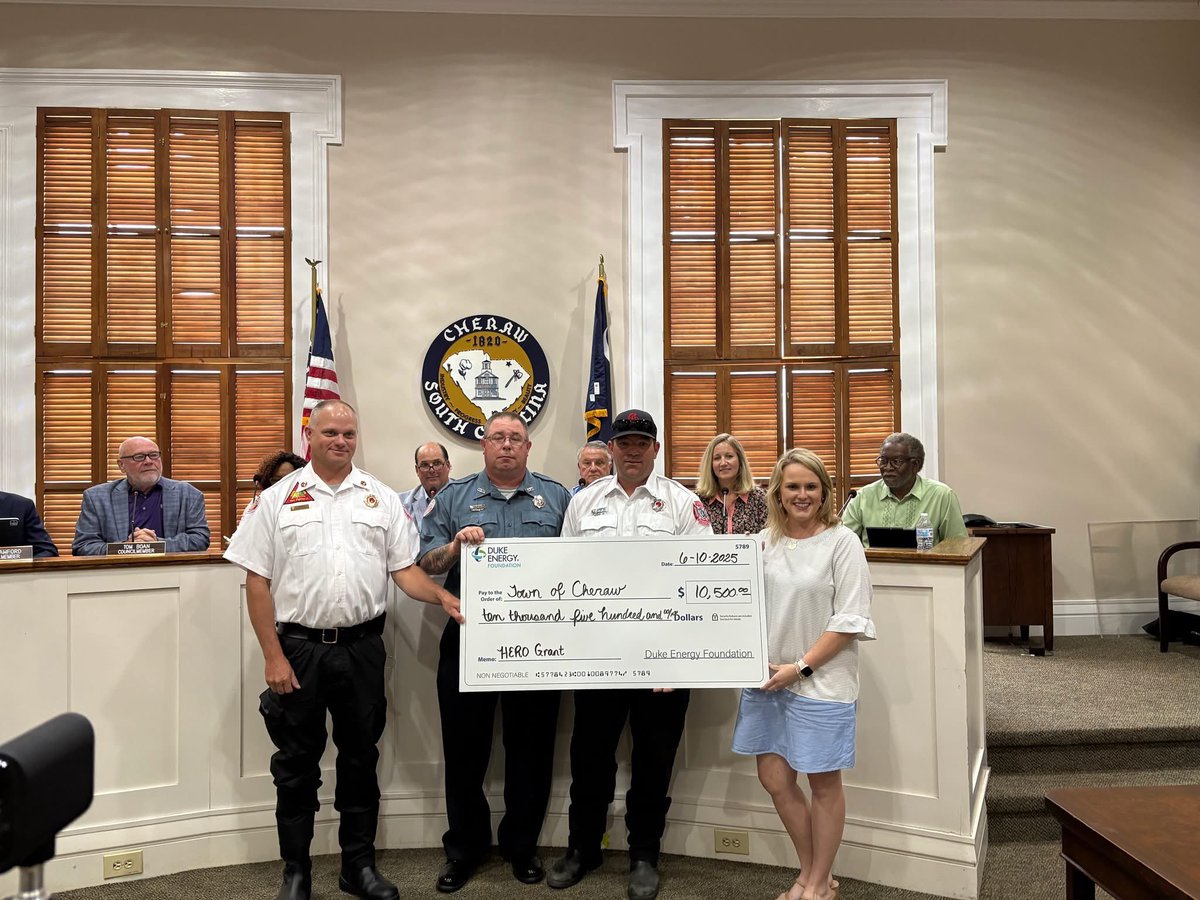 It was great to be with the Town of Cheraw last night to present them with a <a href="/DukeEnergy/">Duke Energy</a> Foundation HERO Grant. They’ll be using the funds to create a mobile command center that will make them ready to respond during disasters, emergencies, or large events.