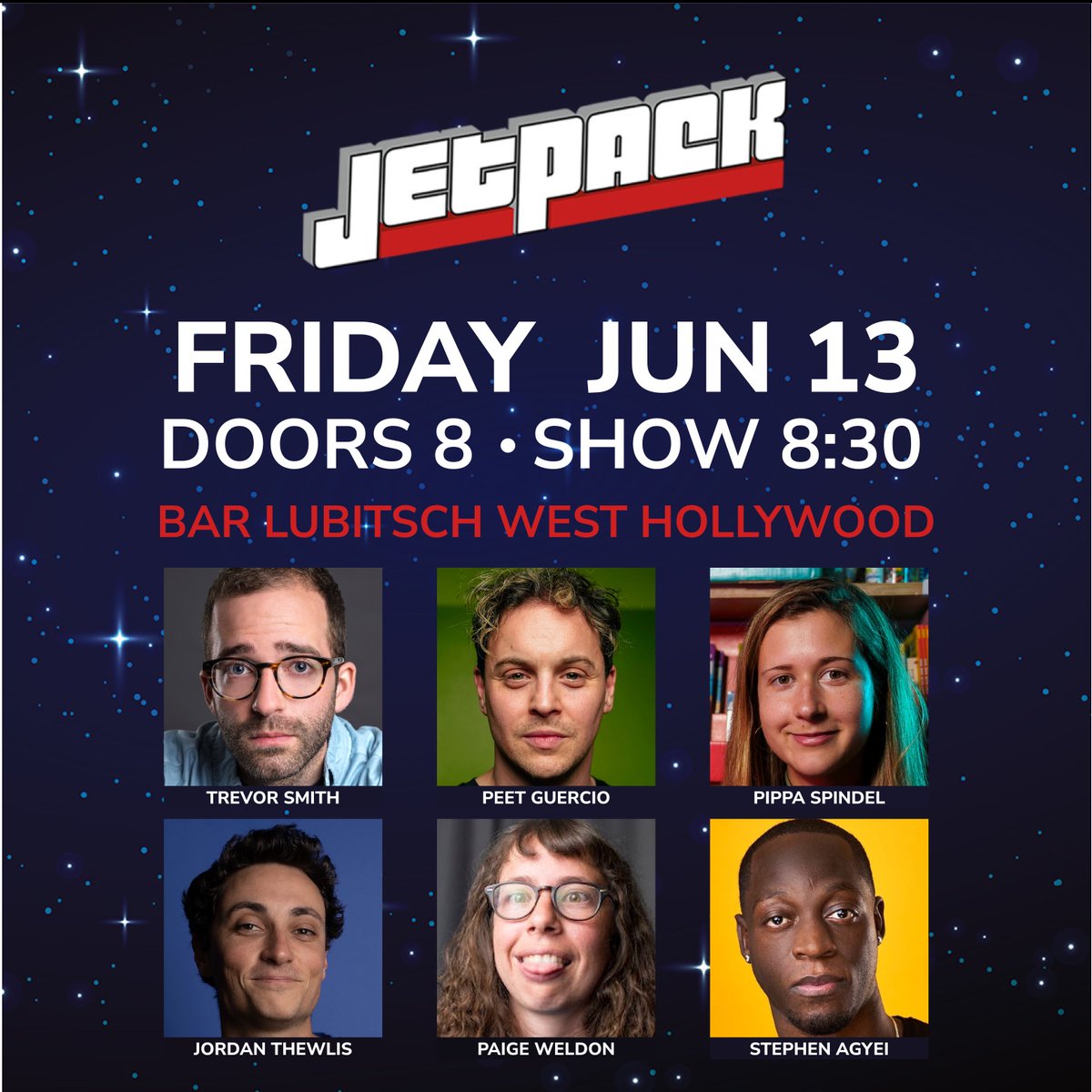 Jetpack Comedy (@jetpackcomedy) on Twitter photo Friday at <a href="/BarLubitsch/">Bar Lubitsch</a> - LA's best standup show is here to save the day.
@heytrevorsmith @PeetGuercio <a href="/PippaSpindel/">PippaSpindel</a> @stephenagyei @jordan_thewlis @PaigeWeldon <a href="/thecomedybureau/">Comedy Bureau</a>
Get tickets: jetbook.co/e/jetpack-come… Friday at <a href="/BarLubitsch/">Bar Lubitsch</a> - LA's best standup show is here to save the day.
@heytrevorsmith @PeetGuercio <a href="/PippaSpindel/">PippaSpindel</a> @stephenagyei @jordan_thewlis @PaigeWeldon <a href="/thecomedybureau/">Comedy Bureau</a>
Get tickets: jetbook.co/e/jetpack-come…