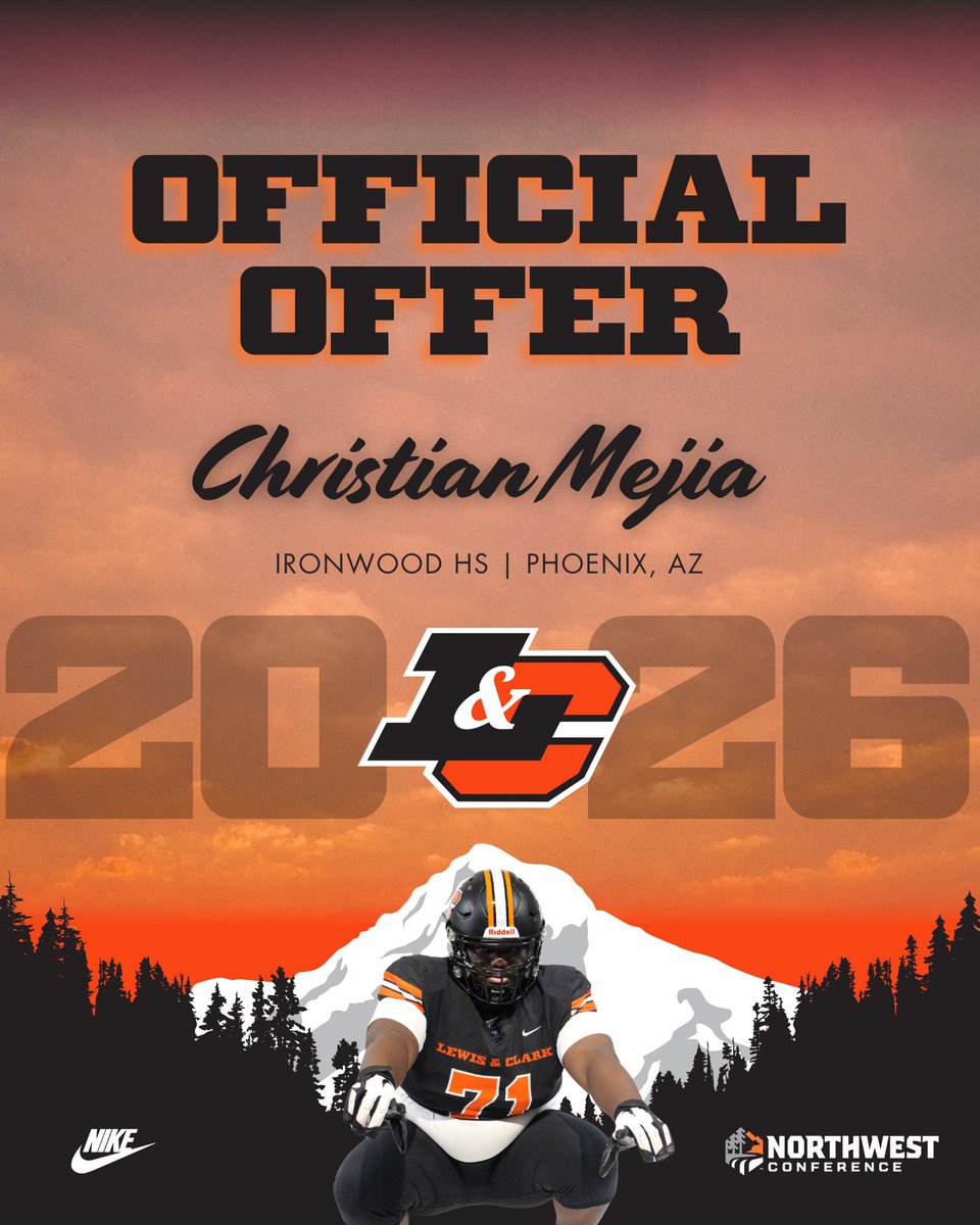 Christian Mejia (@cjmejia58) on Twitter photo After a conversation with <a href="/coachbelliott/">Brett Elliott</a> I am grateful to have received an offer to play at Lewis & Clark College! #RollPios
<a href="/IronwoodFball/">Ironwood Eagles Football</a> <a href="/CoachStillings/">Tony Stillings</a> <a href="/Jordan_Light/">Jordan Light</a> <a href="/RonTBAOL/">Ron Sowers</a>
<a href="/PrepRedzoneAZ/">Prep Redzone Arizona</a> <a href="/gridironarizona/">Gridiron Arizona</a> After a conversation with <a href="/coachbelliott/">Brett Elliott</a> I am grateful to have received an offer to play at Lewis & Clark College! #RollPios
<a href="/IronwoodFball/">Ironwood Eagles Football</a> <a href="/CoachStillings/">Tony Stillings</a> <a href="/Jordan_Light/">Jordan Light</a> <a href="/RonTBAOL/">Ron Sowers</a>
<a href="/PrepRedzoneAZ/">Prep Redzone Arizona</a> <a href="/gridironarizona/">Gridiron Arizona</a>