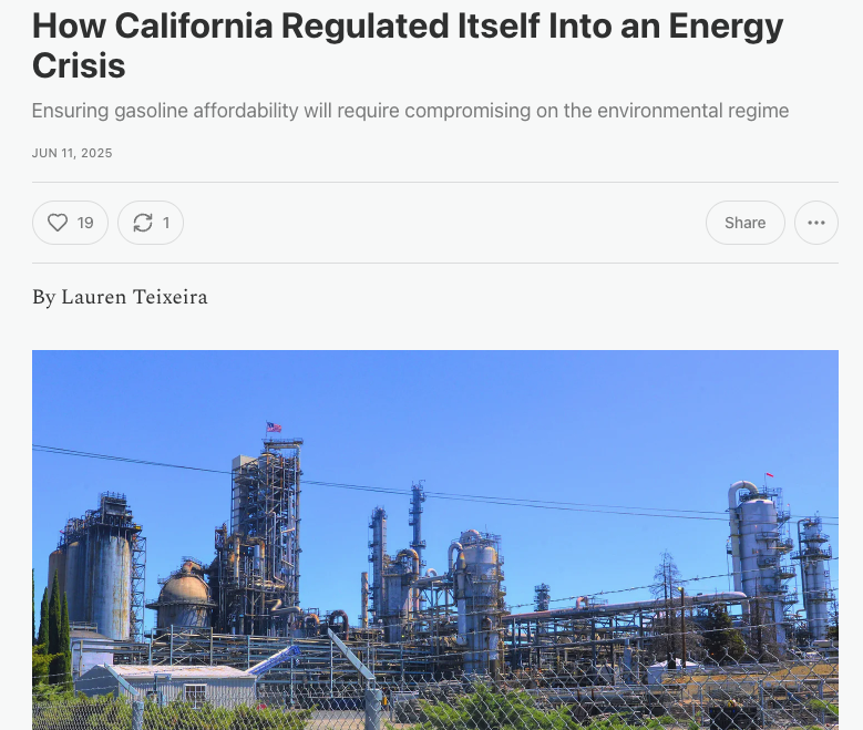 Lauren Teixeira (@lrntex) on Twitter photo California has always insisted that it is possible to pursue aggressive environmental policy without inflicting economic harm. An impending gasoline shortage and sky-high pump prices will refute this idea. In <a href="/TheBTI/">Breakthrough</a> today I trace the factors leading up to this Icarian moment đź§µ California has always insisted that it is possible to pursue aggressive environmental policy without inflicting economic harm. An impending gasoline shortage and sky-high pump prices will refute this idea. In <a href="/TheBTI/">Breakthrough</a> today I trace the factors leading up to this Icarian moment đź§µ