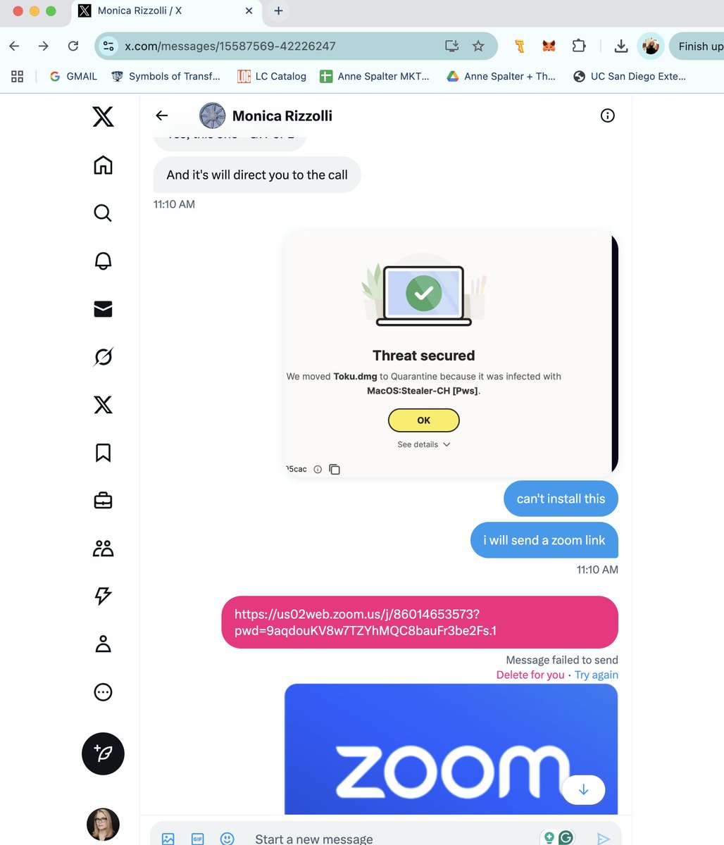 Almost scammed out of absolutely everything this morning. Got online for what was supposedly a call about a show with supposedly <a href="/MonicaRizzolli/">Monica Rizzolli</a> and was asked to download a video chat thing. Like a total moron I clicked the link and thank goodness for Norton. Screen grabs below.