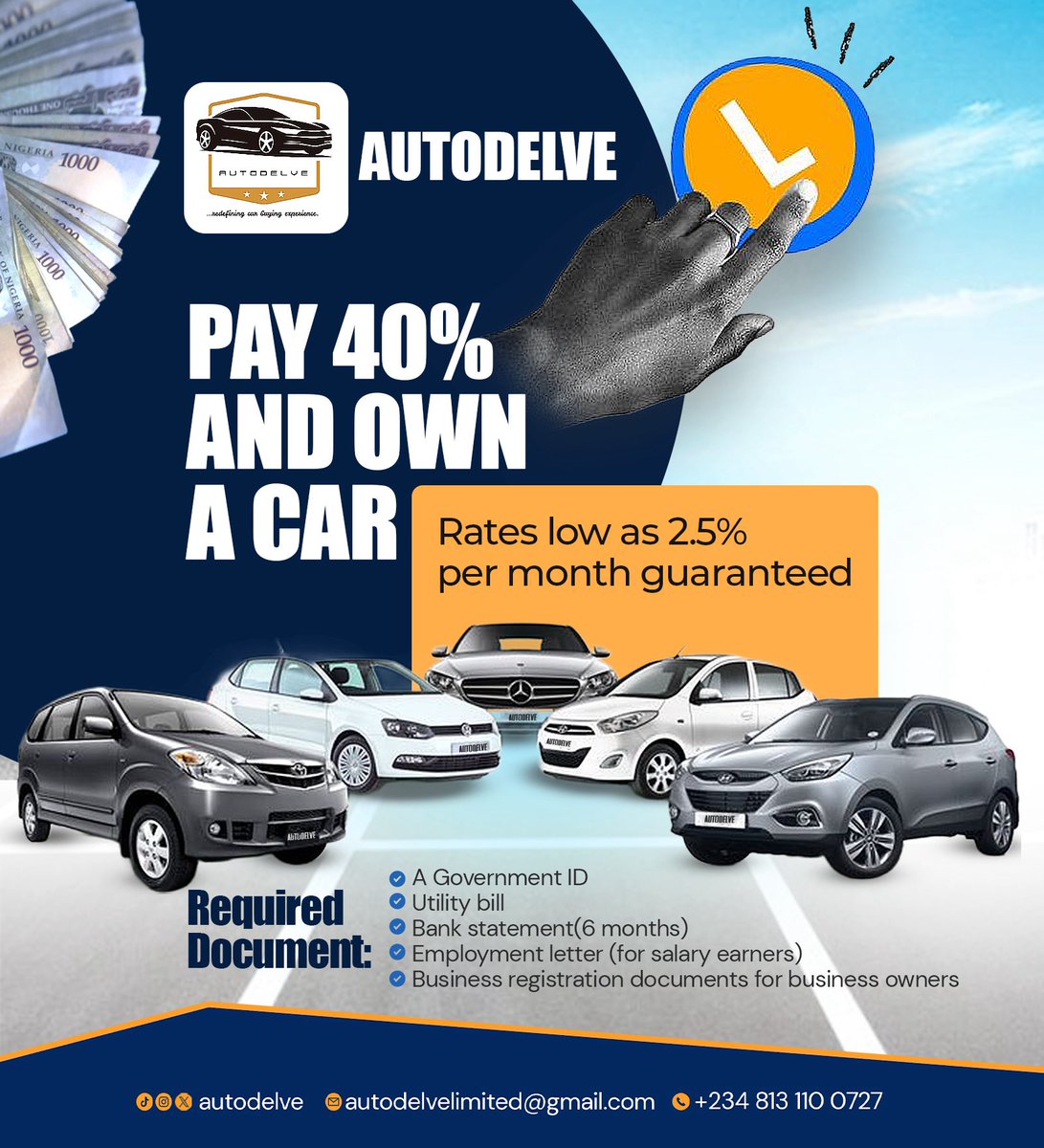 Hello my AutoDelve Family!! ☺️ Do you fancy making 40% upfront payment and spreading the balance across few months to bag that car of yours!? 🎉 Say no more! DM us already for this exclusive product. ✨

 #abujaautomobile #abujacardealers #autodelve #abujacars #abujacarsale