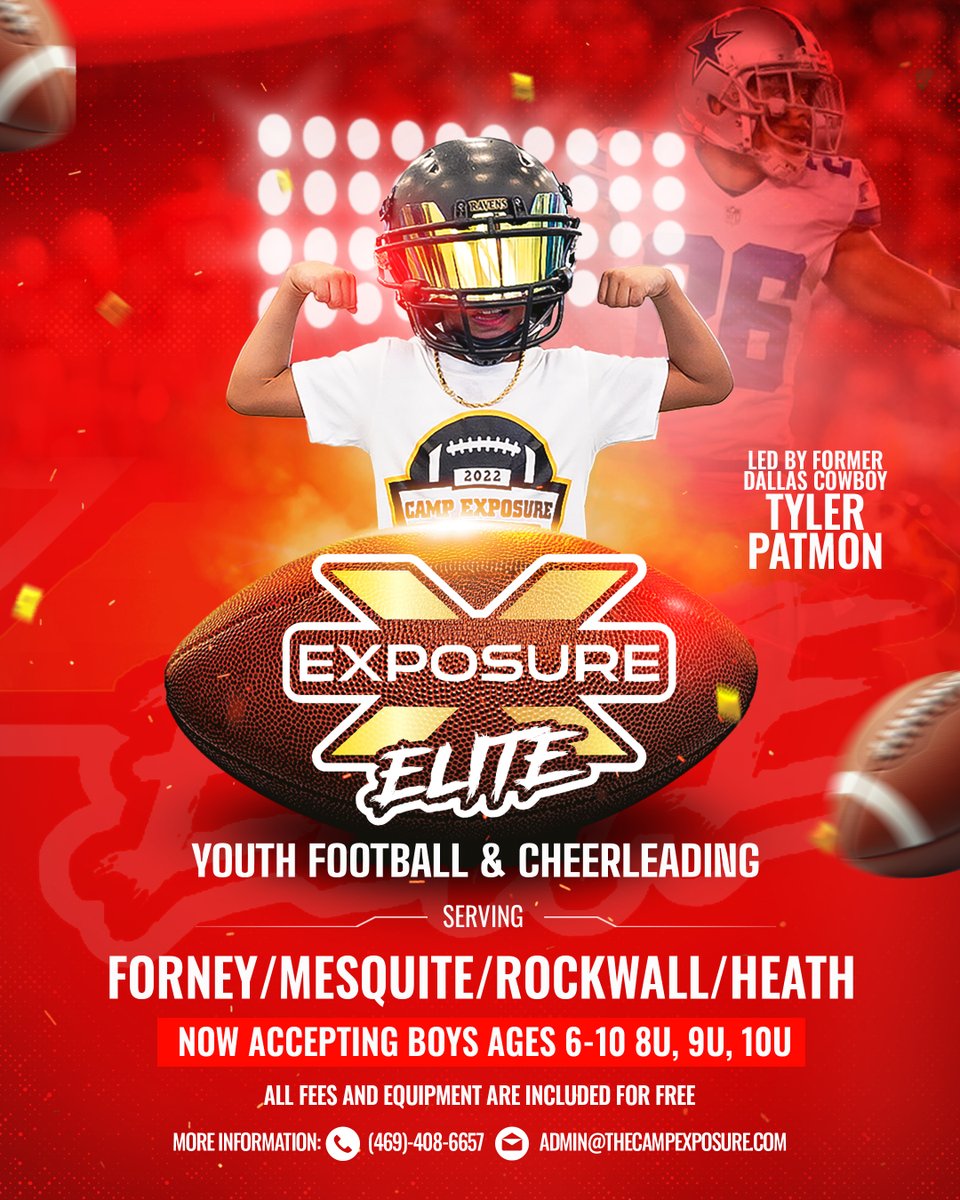 We are excited to announce the launch of our Youth Football Program, Camp Exposure Elite! 

If you and your child are looking for an organization to join this fall, please get in touch or register below! 

form.jotform.com/251606124600141