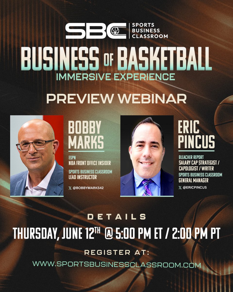 Sports Business Classroom (@sportsbizclass) on Twitter photo π¨ TOMORROW: Join us for an exclusive Business of Basketball Preview Webinar!
ποΈ Thurs, June 12
π 5PM ET / 2PM PT
ποΈ Featuring <a href="/BobbyMarks42/">Bobby Marks</a> & <a href="/EricPincus/">Eric Pincus</a>
π Register: us02web.zoom.us/webinar/registβ¦
#SBC2025 #NBASummerLeague #BasketballBusiness #NBAFrontOffice π¨ TOMORROW: Join us for an exclusive Business of Basketball Preview Webinar!
ποΈ Thurs, June 12
π 5PM ET / 2PM PT
ποΈ Featuring <a href="/BobbyMarks42/">Bobby Marks</a> & <a href="/EricPincus/">Eric Pincus</a>
π Register: us02web.zoom.us/webinar/registβ¦
#SBC2025 #NBASummerLeague #BasketballBusiness #NBAFrontOffice