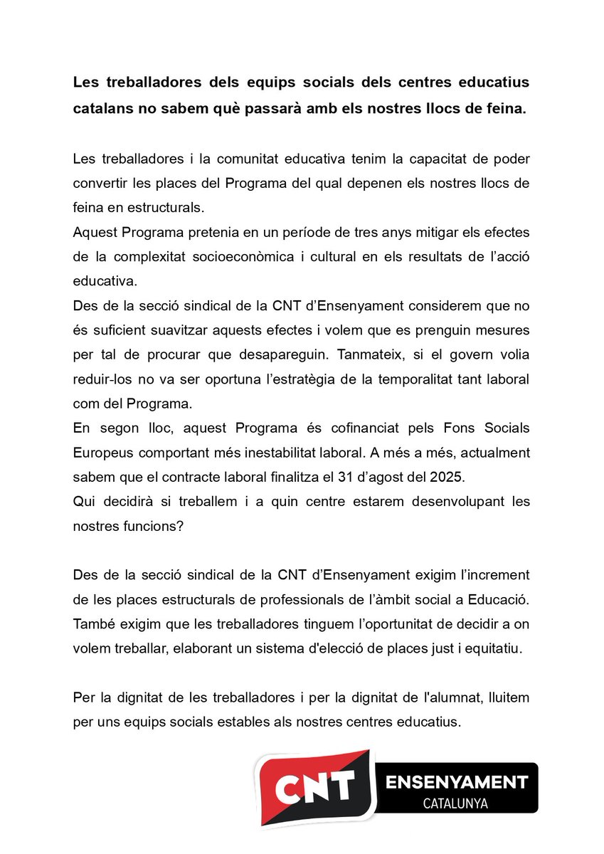Per la dignitat de les treballadores i per la dignitat de l'alumnat, lluitem per uns equips socials estables als nostres centres educatius!