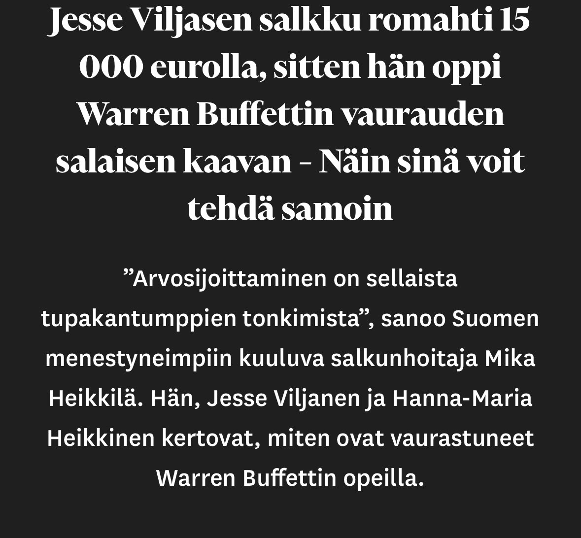 Osinkoinsinööri (@viljanenjesse) on Twitter photo Berkshire Hathawayn yhtiökokous vierailu ja Warren Buffett kiinnostaa monia ihmisiä, jonka myötä tai avittamana kävin haastattelussa <a href="/talouselama/">Talouselämä</a>. Haastattelussa mukana myös <a href="/HHeikkine/">Hanna-Maria Heikkinen</a> ja Mika Heikkilä.
Linkki artikkeliin kommentissa🔥
#sijoittaminen #WarrenBuffett Berkshire Hathawayn yhtiökokous vierailu ja Warren Buffett kiinnostaa monia ihmisiä, jonka myötä tai avittamana kävin haastattelussa <a href="/talouselama/">Talouselämä</a>. Haastattelussa mukana myös <a href="/HHeikkine/">Hanna-Maria Heikkinen</a> ja Mika Heikkilä.
Linkki artikkeliin kommentissa🔥
#sijoittaminen #WarrenBuffett