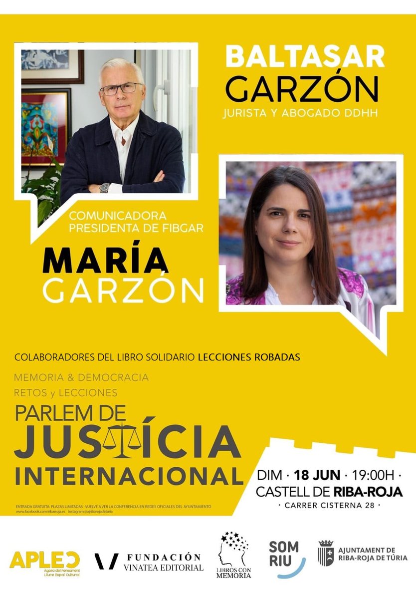 📚Ahí estará LECCIONES ROBADAS. Porque Garzón colabora en nuestro proyecto solidario en el cap. Leyes de Memoria y juec#s. 
Os esperamos en Riba-rroja, q une Educación y Memoria en la misma concejalía, con la docente Eva Lara, a quien nuestro alumno Jordi Nicolau entrevistó.