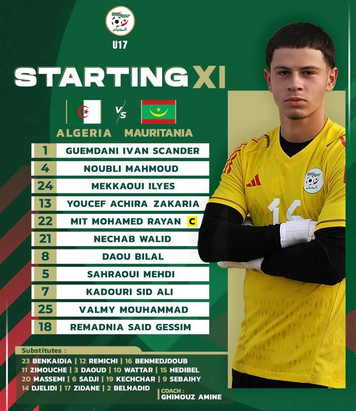Équipe nationale de moins de 17 ans (U-17)

Le 11 de départ de l'#Algérie contre la #Mauritanie