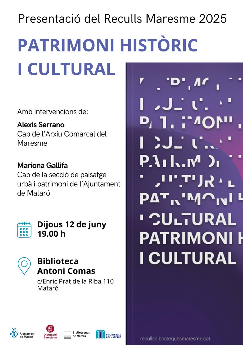 📣Acte de presentació del nou Reculls de les biblioteques del Maresme, dedicat al Patrimoni històric i cultural. 
Demà dijous 12 de juny, 19 h 📌 Biblioteca Antoni Comas ja.cat/7NUIA Endinseu-vos en la memòria del territori! 
#RecullsMaresme
#PatrimoniHistòricCultural