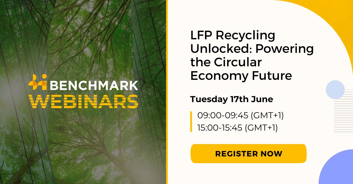 benchmarkmin's tweet image. Join Benchmark's webinar next week to learn how the battery #recycling industry is evolving in line with growing ex-China adoption of LFP.
LFP Recycling Unlocked: Powering the Circular Economy Future
Tuesday 17 June
09:00 / 15:00 (GMT+1)
Sign-up here ➡️ eu1.hubs.ly/H0kYxqs0