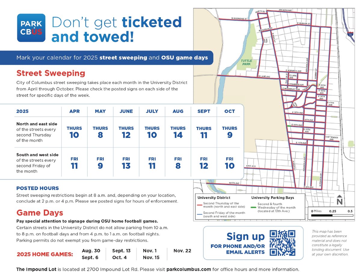 Reminder!
Don't risk getting ticketed or towed! Stay ahead of the game by marking your calendar for the 2025 street sweeping and OSU game days. Sign up now to receive exciting phone and email alerts!