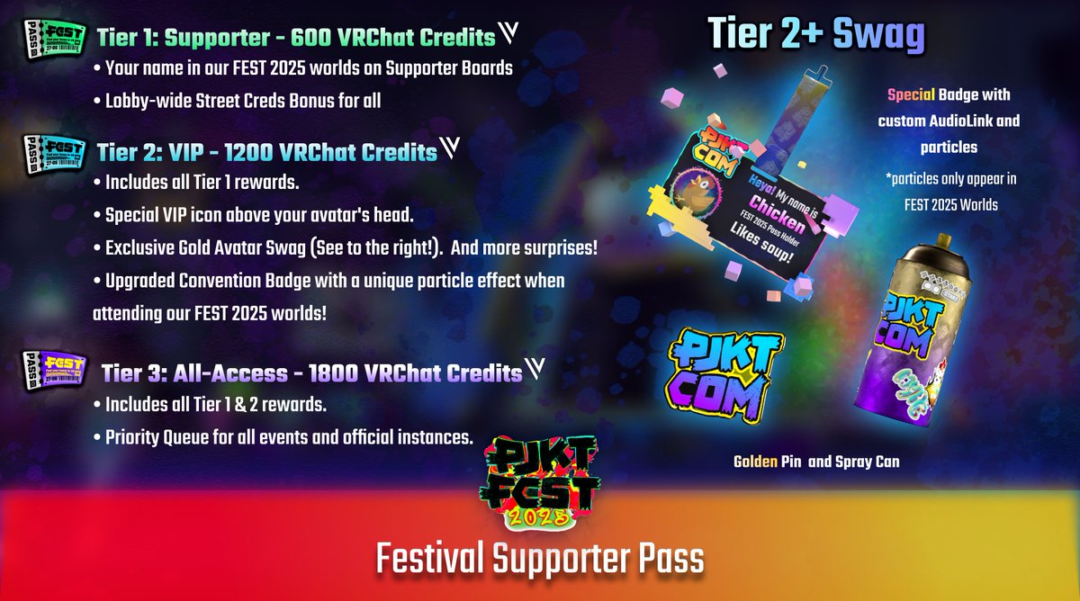 PJKT_COM's tweet image. 📢 Hey Crew! Wanna show your support?
🔷Add to your experience by getting a Festival Pass
🟨 You fund us buying our glowing cubes and unlock neat in-world perks. It’s a win-win!
❤️The Festival participation &amp;amp; access is and always be free!
🔗⬇️More info on discord
