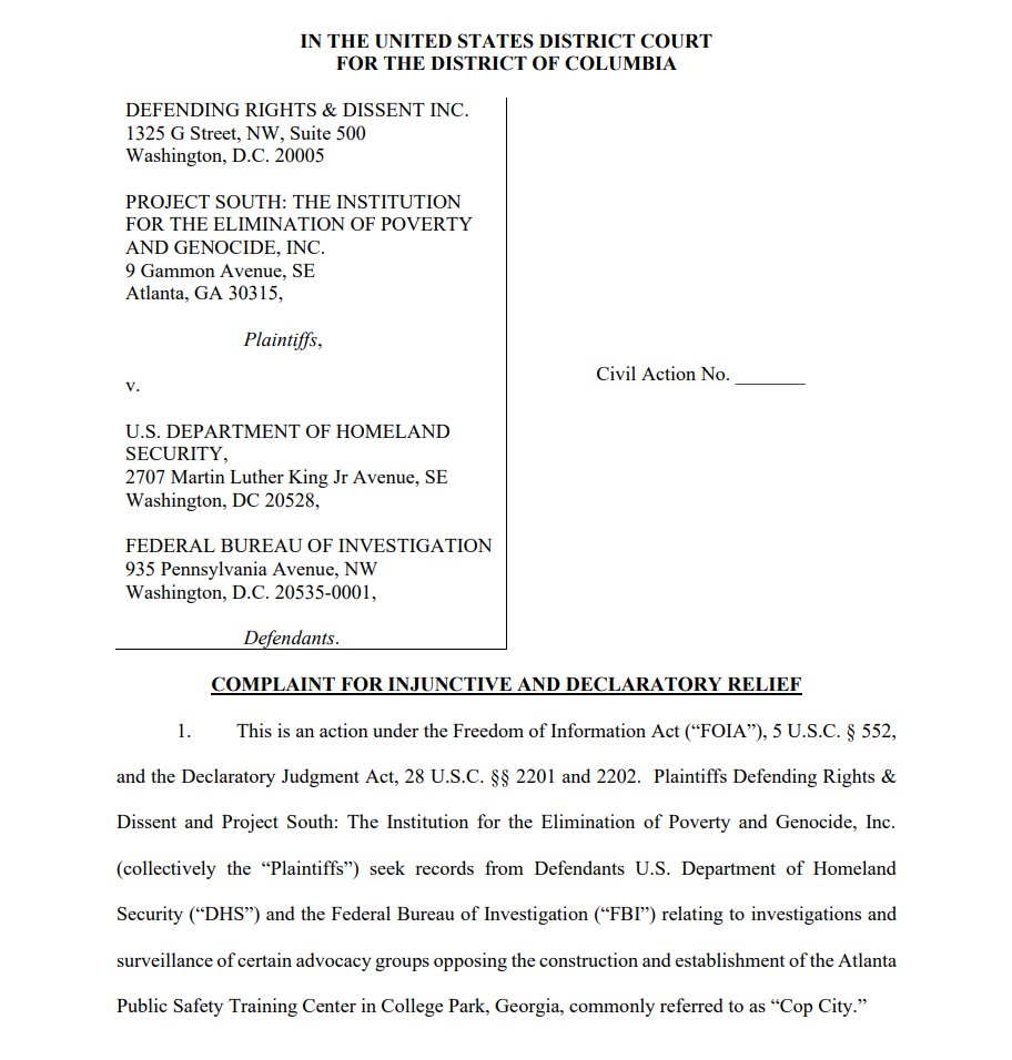 Azadeh Shahshahani (@ashahshahani) on Twitter photo We have filed a lawsuit against the FBI and the Department of Homeland Security for their failure to provide records related to government surveillance of the grassroots movement to stop "Cop City." Along with <a href="/RightsDissent/">Defending Rights & Dissent</a>
More here: projectsouth.org/wp-content/upl… We have filed a lawsuit against the FBI and the Department of Homeland Security for their failure to provide records related to government surveillance of the grassroots movement to stop "Cop City." Along with <a href="/RightsDissent/">Defending Rights & Dissent</a>
More here: projectsouth.org/wp-content/upl…