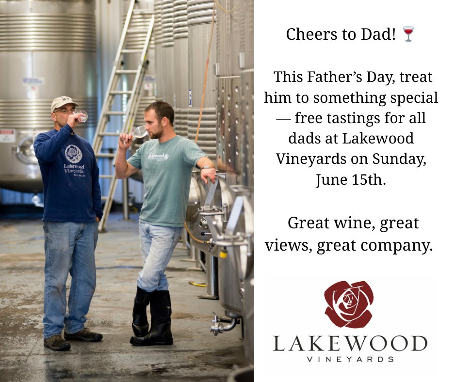 Free tastings for Dad this Sunday at Lakewood! 🍷 Bring him by for good wine, great views, and quality time. Open 12–5pm. #FathersDay #FingerLakesWine #LakewoodVineyards #WatkinsGlen #SenecaLake #SenecaLakeWineTrail #winetasting