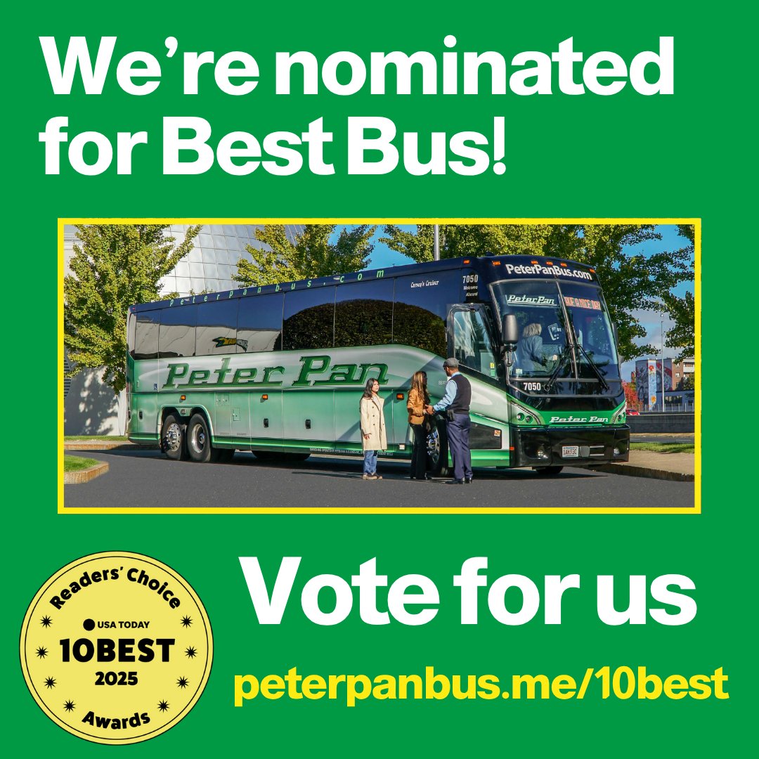 🚌 We’re nominated (again!) for Best Bus Service in the United States in USA Today’s 10Best Awards!
Vote daily through June 15 and help us bring home the title 👉 peterpanbus.me/4kD6W3n #ridepeterpan