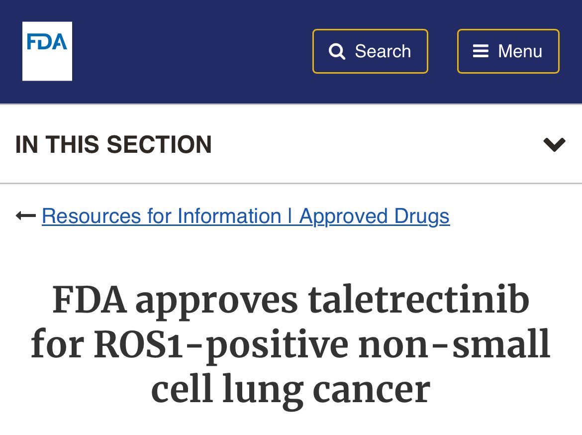Rami Manochakian MD, FASCO Cancer Education (@rmanochakian) on Twitter photo 🚨🔥<a href="/OncoAlert/">OncoAlert</a> Hot Off The Press
<a href="/US_FDA/">U.S. FDA</a> approves #Taletrectinib for  locally advanced or metastatic #ROS1+ non-small cell #LungCancer. 
Approval based on #TRUST I & II Trials.
✅#ORR: 
85-90% for treatment-naive pts.
52-62% or TKI-pretreated pts.
👇🏻
fda.gov/drugs/resource… 🚨🔥<a href="/OncoAlert/">OncoAlert</a> Hot Off The Press
<a href="/US_FDA/">U.S. FDA</a> approves #Taletrectinib for  locally advanced or metastatic #ROS1+ non-small cell #LungCancer. 
Approval based on #TRUST I & II Trials.
✅#ORR: 
85-90% for treatment-naive pts.
52-62% or TKI-pretreated pts.
👇🏻
fda.gov/drugs/resource…