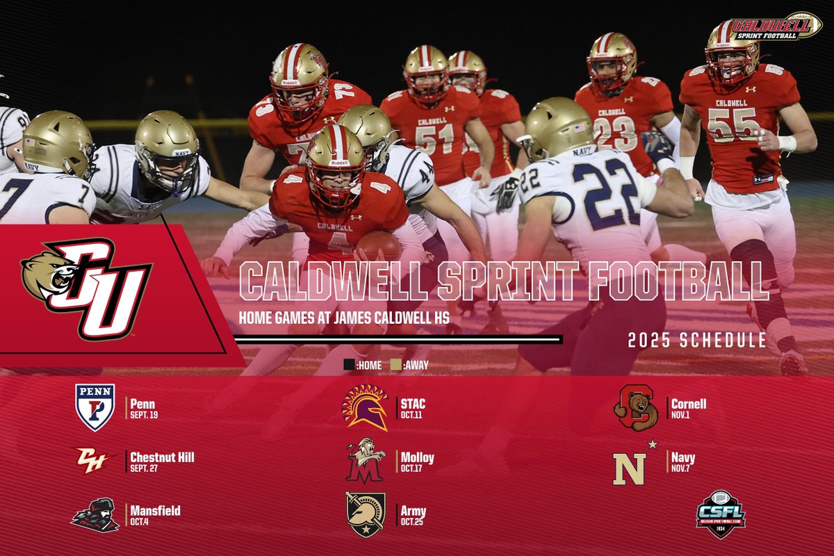 Four Home Dates Highlight 2025 <a href="/CUsprint/">Caldwell Sprint Football</a> Schedule; Cougars Open Eighth Season in 100 Days, September 19 at Pennsylvania; Home Debut Sept. 27 vs. Chestnut Hill
caldwellathletics.com/news/2025/6/11…