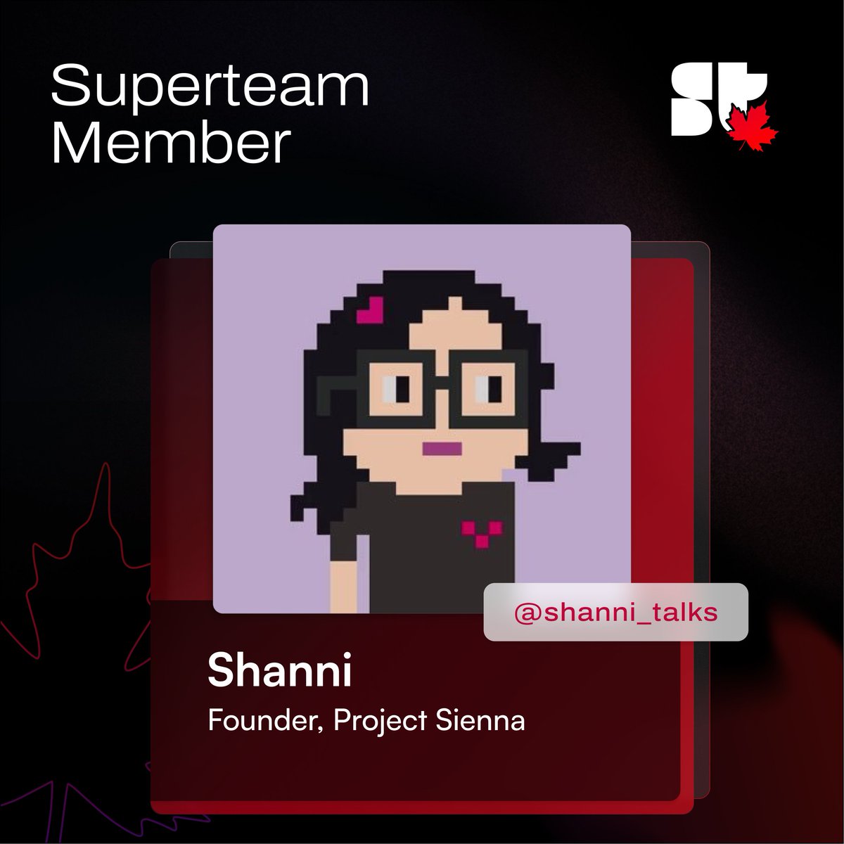 Welcome <a href="/shanni_talks/">shanni 🪸</a> to Superteam Canada! 🔥

Based in Vancouver, Shanni’s been in crypto since 2018, building at BitGo and multiple fintechs. 

Now she’s building Sienna: AI-powered tools helping creators &amp; freelancers get paid globally in stablecoins. 🧾⚡

Let’s go! 🍁