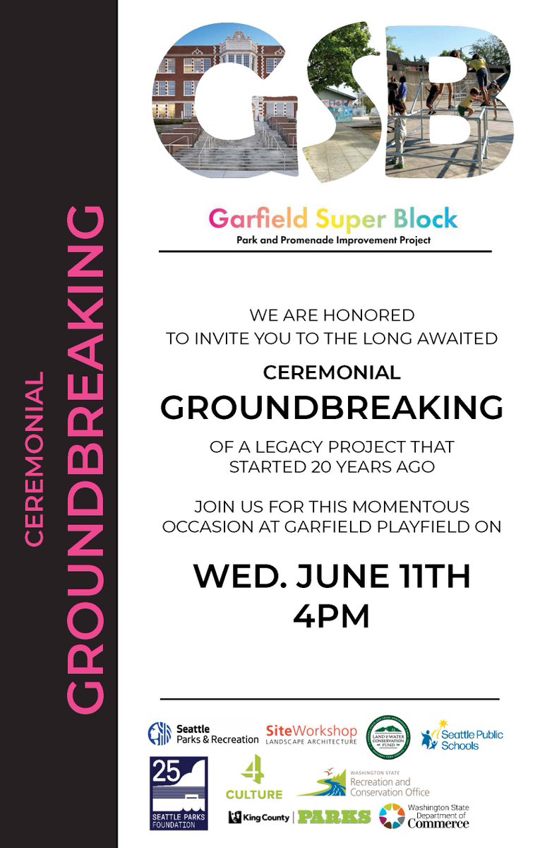 Seattle Parks (@seattleparks) on Twitter photo Join us on June 11, 4–5 PM, at Garfield Playfield to celebrate the Garfield Super Block Project! A community-led transformation honoring Black cultural legacy through art, history & design.
Speakers, Garfield High School jazz band, artists & advocates!
 
parkways.seattle.gov/2025/06/10/cel… Join us on June 11, 4–5 PM, at Garfield Playfield to celebrate the Garfield Super Block Project! A community-led transformation honoring Black cultural legacy through art, history & design.
Speakers, Garfield High School jazz band, artists & advocates!
 
parkways.seattle.gov/2025/06/10/cel…