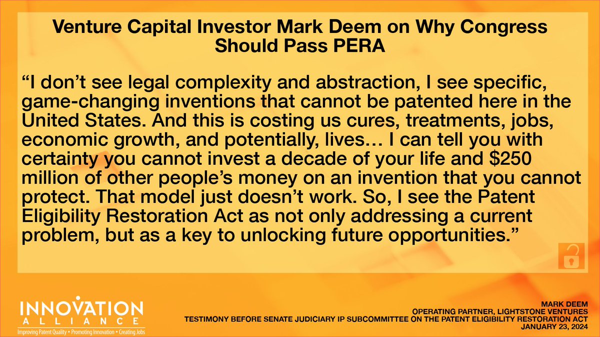 ICYMI: <a href="/LightstoneVC/">Lightstone Ventures</a>’s Mark Deem testimony in support of #PERA during a Senate Judiciary IP Subcommittee Hearing last year ⬇️
<a href="/JudiciaryDems/">Senate Judiciary Democrats 🇺🇸</a> <a href="/SenJudiciaryGOP/">Senate Judiciary Republicans</a> #PatentsMatter