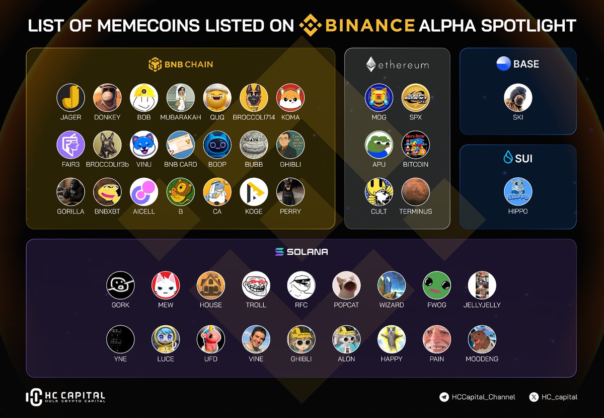 🚨 BNB, ETH, SOL, BASE, SUI — Meme Season on 🔥

Here's the full list of memecoins featured on Binance Alpha Spotlight 👇
From $JAGER to $MOODENG, the market is loaded with heat:

🟡 BNB Chain:
$JAGER $DONKEY $BOB #MUBARAKAH $quq #BROCCOLI714 $KOMA
$FAIR3 #BROCCOLI3b $VINU