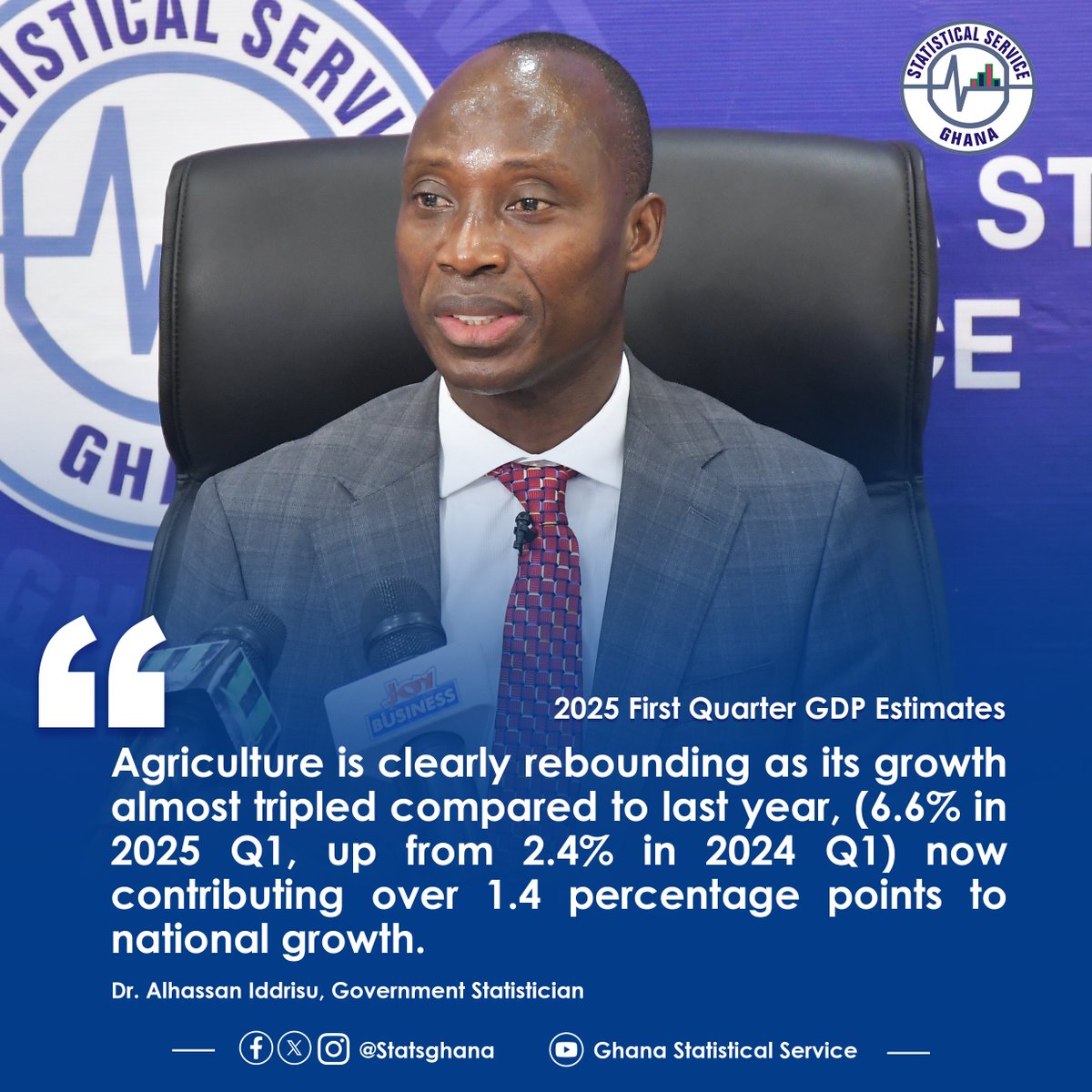 This morning, I delivered a press briefing on the first quarter 2025 Gross Domestic Product (GDP) estimates for Ghana. The key highlights are as follows:

#GSS #GDPrelease #GhanaStatistics #GDPdata #EconomicIndicators