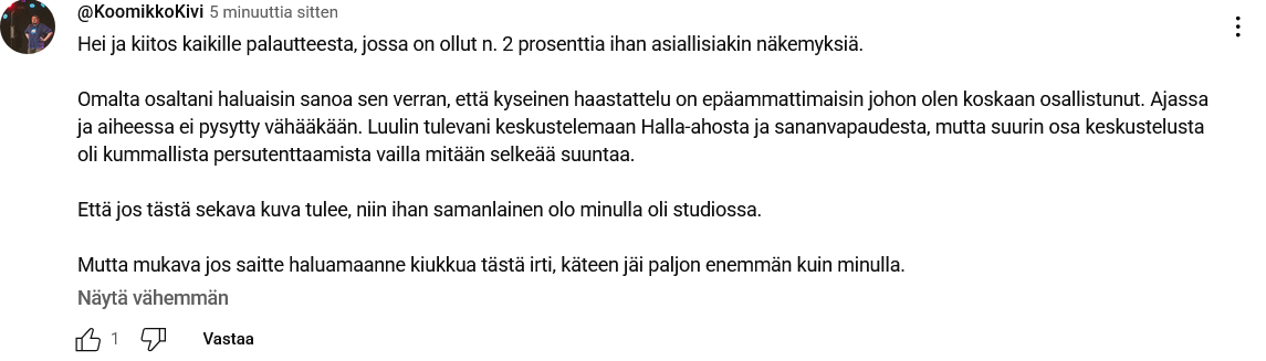 Twitcolm X (@twitcolmx) on Twitter photo <a href="/ramikurimo/">Rami Kurimo</a> <a href="/JaniAlanne/">Jani Alanne</a> Iikka valehteli, vääristeli, väisteli, vaihtoi aihetta sellaiseen tahtiin, että olit aivan mahdottoman urakan edessä. Ja tuokin määrä perustelujen asiallista tenttaamista sai Iikan kasetin hajoamaan. YT:een tuli juuri tämä👇 kommentti, jossa "koomikko" haukkuu sinut maanrakoon. <a href="/ramikurimo/">Rami Kurimo</a> <a href="/JaniAlanne/">Jani Alanne</a> Iikka valehteli, vääristeli, väisteli, vaihtoi aihetta sellaiseen tahtiin, että olit aivan mahdottoman urakan edessä. Ja tuokin määrä perustelujen asiallista tenttaamista sai Iikan kasetin hajoamaan. YT:een tuli juuri tämä👇 kommentti, jossa "koomikko" haukkuu sinut maanrakoon.