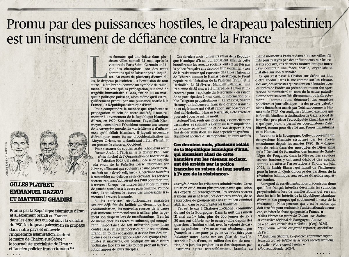 gillesplatret's tweet photo. Rester aveugle sur la réalité du drapeau palestinien constitue une faute grave. 
Le drapeau palestinien est l'étendard de l'émeute, le vecteur du chaos.
Ce jour dans @Le_Figaro, avec @erazavi3 et Matthieu Ghadiri, nous expliquons en détail l'origine de sa propagation en Occident, l'instrumentalisation dont il est l'objet, les puissances hostiles qui se cachent dans ses plis. 
Et nous sonnons l'alarme car nous vivons un moment de bascule où l'unité de la Nation française est en jeu.
Comme je le fais à Chalon, il est temps d'agir partout en France.