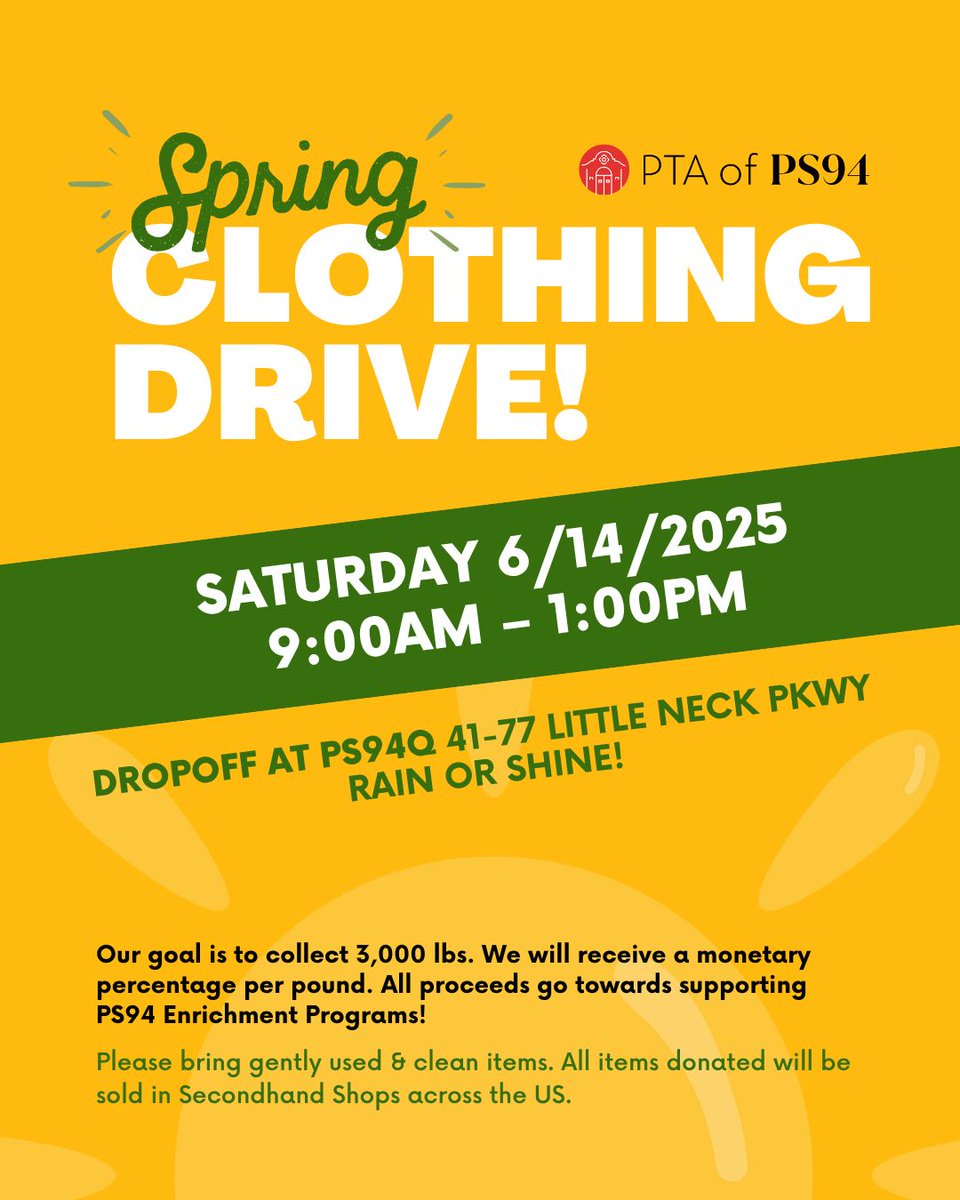PTA of PS94Q (@ptaofps94q) on Twitter photo Mark your calendars! The PTA is accepting donations on Saturday 6/14 from 9AM-1PM in front of the school! Our goal is to collect 3,000 lbs of collectable items. 100% of the proceeds from this fundraiser will go towards PS94 Enrichment Programs!
<a href="/PS94DavidPorter/">PS94 David D Porter</a> <a href="/94QDavidDPorter/">Laura Avakians</a> Mark your calendars! The PTA is accepting donations on Saturday 6/14 from 9AM-1PM in front of the school! Our goal is to collect 3,000 lbs of collectable items. 100% of the proceeds from this fundraiser will go towards PS94 Enrichment Programs!
<a href="/PS94DavidPorter/">PS94 David D Porter</a> <a href="/94QDavidDPorter/">Laura Avakians</a>
