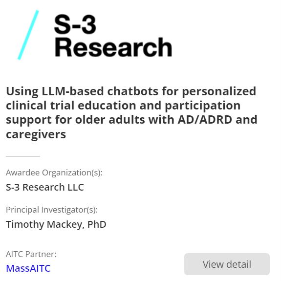 a2 Collective #awardee S-3 Research LLC is piloting an AI chatbot to guide older adults with #ADRD and caregivers through clinical trial education and access. Led by Timothy Mackey with <a href="/MassAITC/">MassAITC</a>. #cohort4 #AI #clinicaltrials #nlp #chatbots a2collective.ai/awardees/s-3-r…