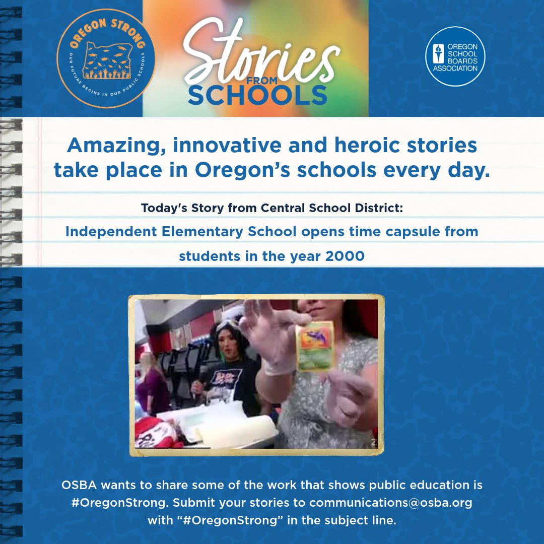 Today we have a story from Central School District:
Independent Elementary School opens time capsule from students in the year 2000 (Video)

Read more: youtube.com/live/X17O1KA6r…

#OregonStrong #oregon #publiceducation #studentsuccess #educationmatters