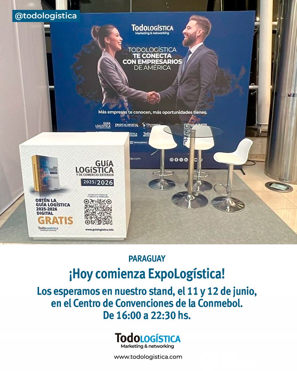Hoy comienza la ExpoLogística Paraguay 2025 
Ya estamos presentes en el Centro de Convenciones de la Conmebol.
 11 y 12 de junio |  16:00 a 22:30 hs.

Los invitamos a visitar nuestro stand, conocer las últimas ediciones de la Guía Logística 2025/2026.