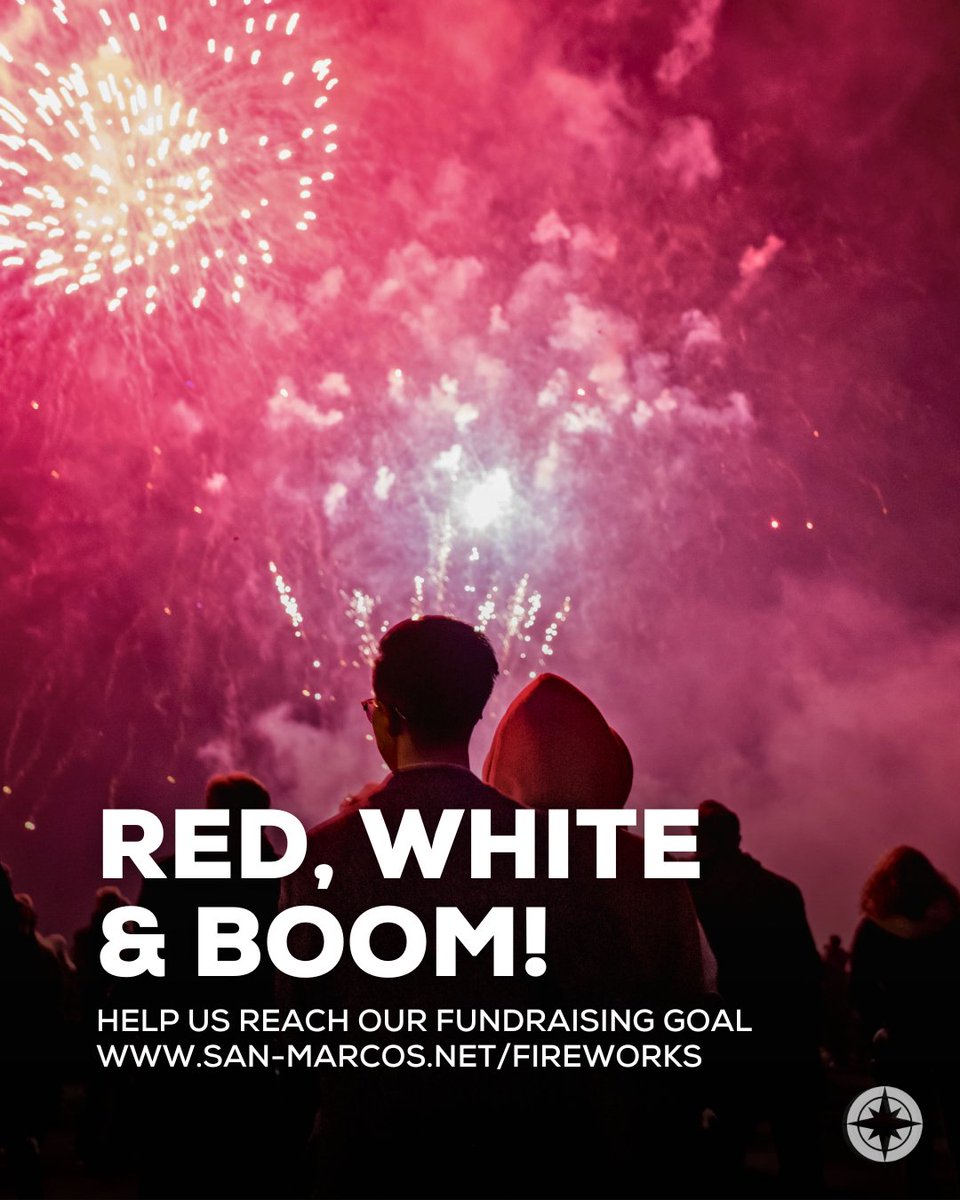 We are aiming for a $25,000 fundraising goal to keep the fireworks show FREE and unforgettable for the whole community!

💻 Donate today at: san-marcos.net/fireworks
🎁 Donations over $30 receive a special commemorative item — available at the Community Center or at the event!
