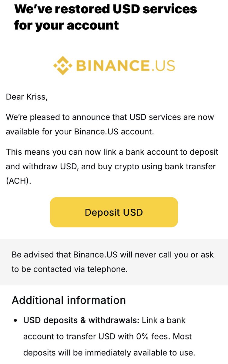 Well, will you look at that. @BinanceUS has restored USD services and you  can now, once again, link your bank account to deposit and withdraw funds.  If the trading liquidity comes back