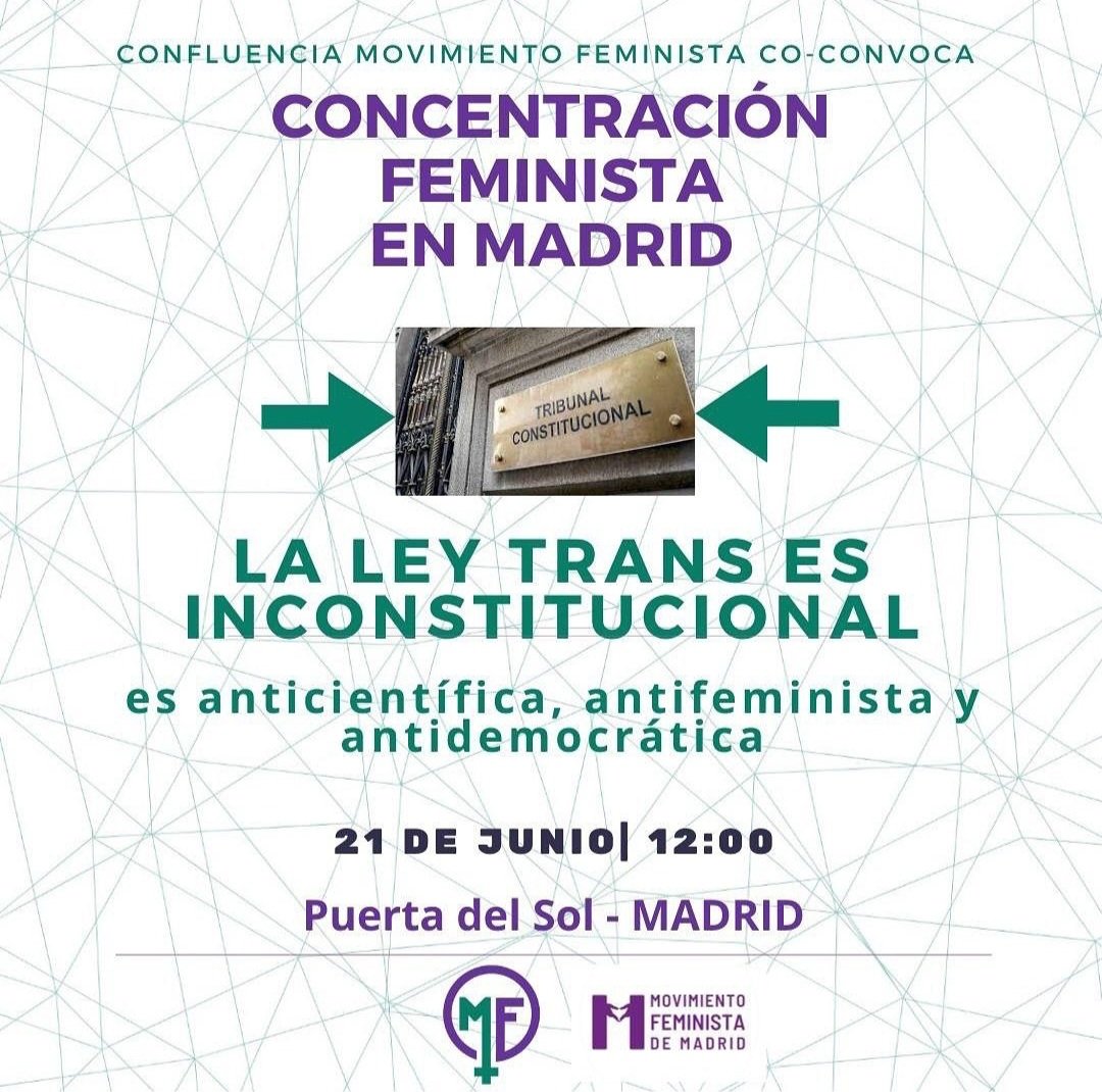 Movimiento Feminista de Madrid (@movfemmad) on Twitter photo Convocamos junto <a href="/ConfluenciaMF/">Movimiento Feminista</a> esta concentración 🗣♀️
Por los derechos de las mujeres, por la protección a la infancia, por recuperar la razón y reconquistar la realidad
#LaLeyTransEsIncostitucional
#RespetenALasMujeres
#LaInfanciaNoSeToca
#NoLeyTrans Convocamos junto <a href="/ConfluenciaMF/">Movimiento Feminista</a> esta concentración 🗣♀️
Por los derechos de las mujeres, por la protección a la infancia, por recuperar la razón y reconquistar la realidad
#LaLeyTransEsIncostitucional
#RespetenALasMujeres
#LaInfanciaNoSeToca
#NoLeyTrans