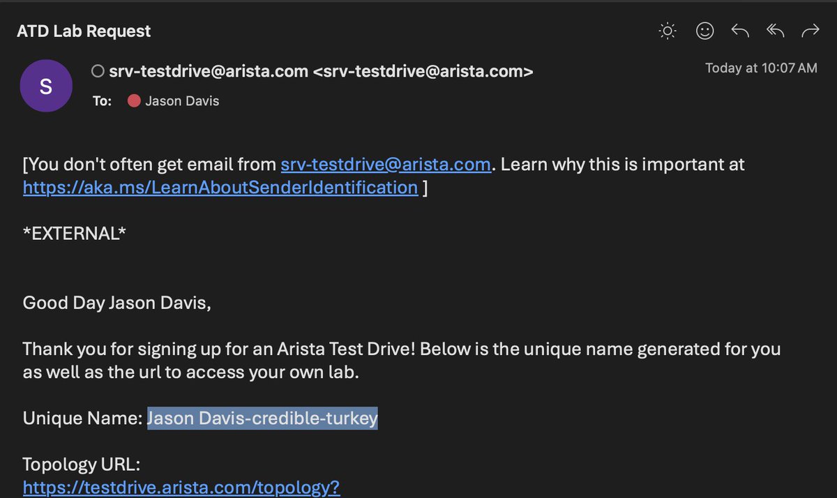 Oooof - feeling slightly teased here...  I'm at an Arista Automation seminar and their automated lab system generated me this...

WHO are you calling credible turkey!??
I love automation... sometimes autogenerated string combos have unfortunate pairings.