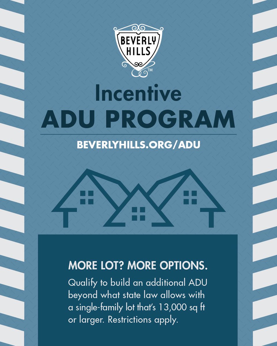 Accessory Dwelling Units (ADUs) can be an effective way to provide additional income and housing. 

To view available plans and permit requirements, visit beverlyhills.org/preapprovedadu. If you would like to learn more about how you can build an ADU on your property, call 310-285-1000.
