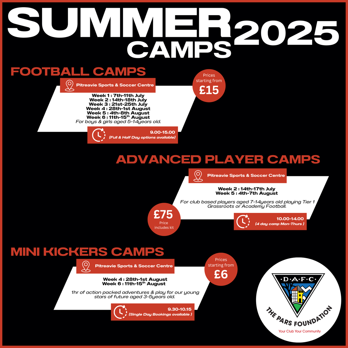 ☀️Our Summer Holiday Camps are back!⚽️
For boys &amp; girls aged 5-14years old come learn, play &amp; have fun this summer with top coaching, skills challenges &amp; daily tournaments throughout.
📅 Weekly camps. 
📍 Various Locations.
🎟️ Book now: the-pars-foundation.classforkids.io/camps