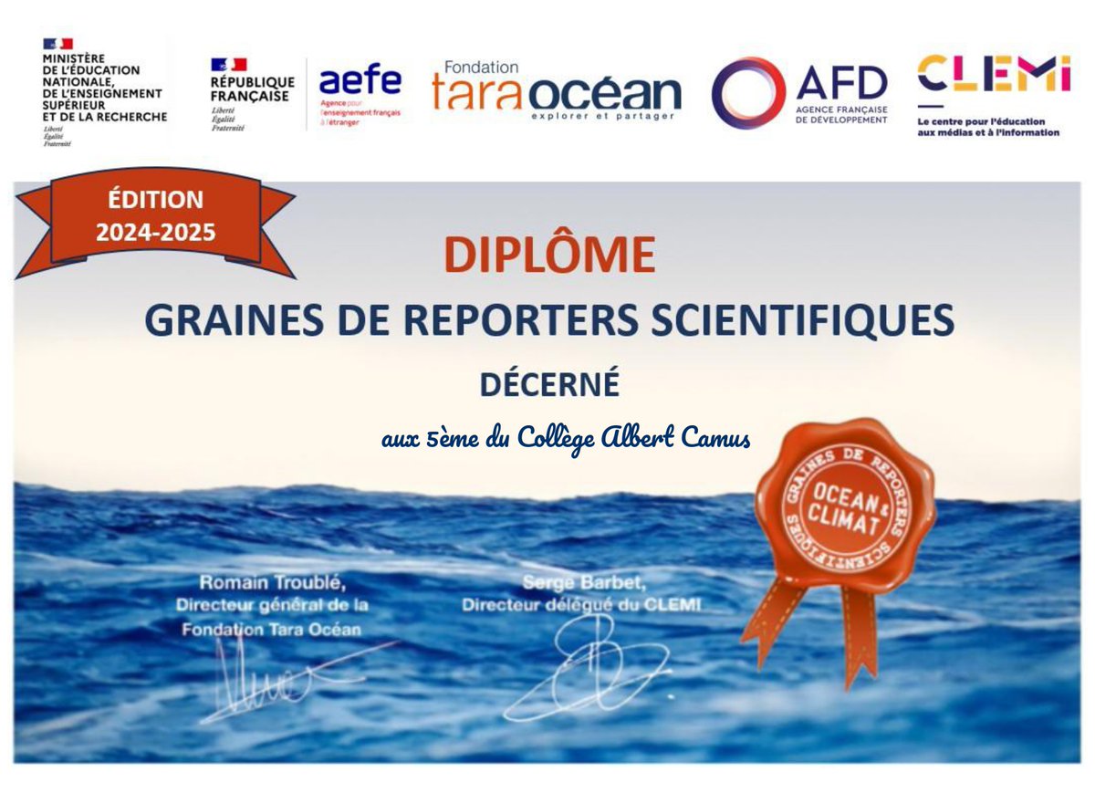 Collège Albert Camus - Mandelieu (06210) (@clgcamus06210) on Twitter photo Opération "Graines de Reporters Scientifiques". Les 502 et Mmes Scavino, Guirand et Arnoux, ont reçu les félicitations du comité.🥼 Leur podcast sur l'impact de l'acidification de la mer Méditerranée sur la biodiversité marine a retenu l'attention.👏
…essousdelocean.fondationtaraocean.org/graines-de-rep… Opération "Graines de Reporters Scientifiques". Les 502 et Mmes Scavino, Guirand et Arnoux, ont reçu les félicitations du comité.🥼 Leur podcast sur l'impact de l'acidification de la mer Méditerranée sur la biodiversité marine a retenu l'attention.👏
…essousdelocean.fondationtaraocean.org/graines-de-rep…