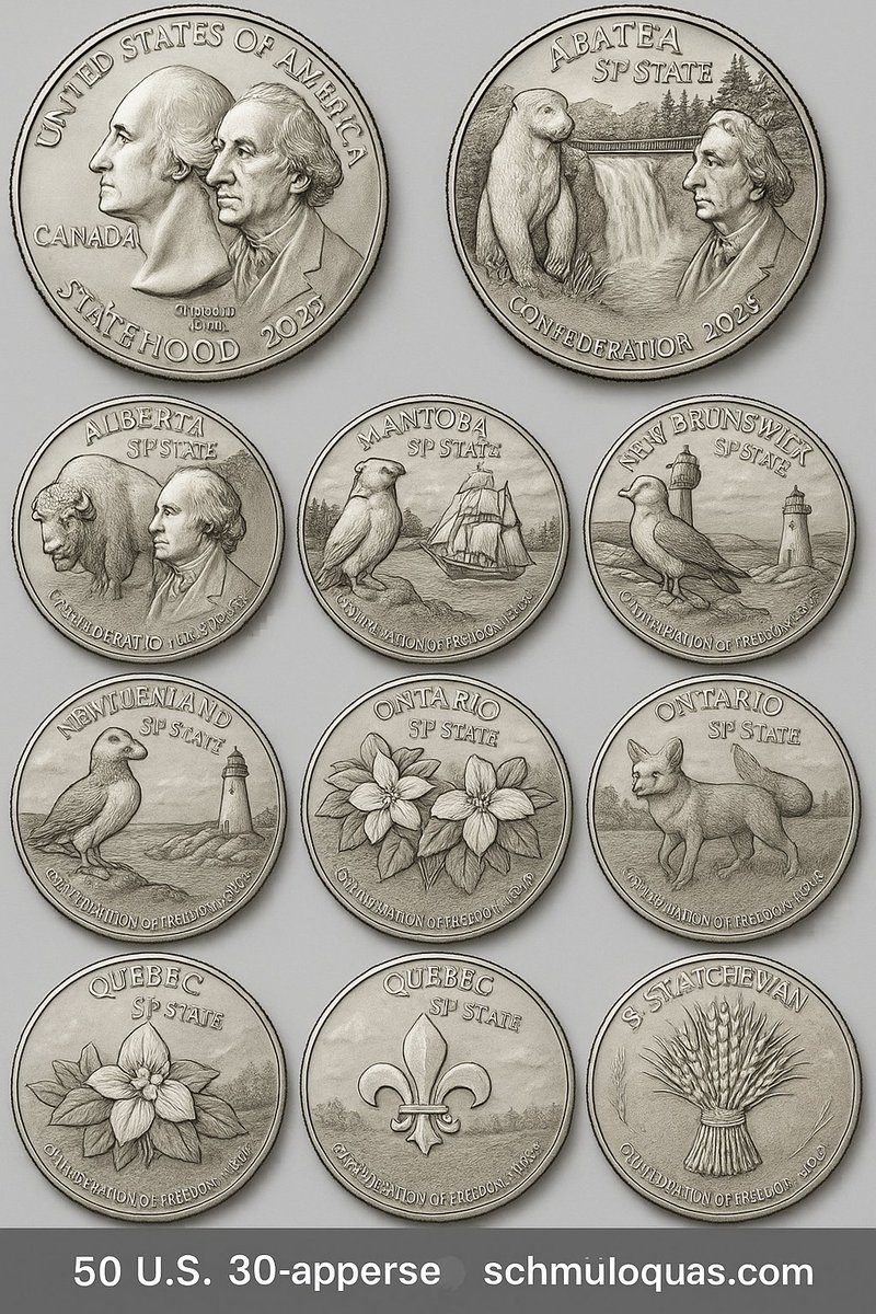 Powerpol's tweet image. #USMNT #trump #Canada #USA with over 300 trillion dollars in Natural gas reserve alone we need at least 10 states represented as membership of the USA.  Here are cool statehood quarter provided by Grok!