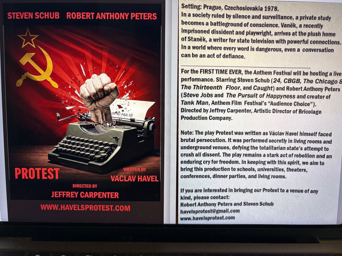 (((Steven Schub))) (@stevenschub) on Twitter photo "Political theater does not mean putting on a play about politics; it means putting on a play by Václav Havel."
-A.Benning
2morrow,we're putting on a play by Václav Havel! "Protest!" <a href="/TheFreedomFest/">FreedomFest</a>
freedomfest2025.sched.com/event/23a1I
With <a href="/stevenschub/">(((Steven Schub)))</a> & <a href="/bobtonypete/">robertanthonypeters</a>
#FFest25 #AnthemFilm25 "Political theater does not mean putting on a play about politics; it means putting on a play by Václav Havel."
-A.Benning
2morrow,we're putting on a play by Václav Havel! "Protest!" <a href="/TheFreedomFest/">FreedomFest</a>
freedomfest2025.sched.com/event/23a1I
With <a href="/stevenschub/">(((Steven Schub)))</a> & <a href="/bobtonypete/">robertanthonypeters</a>
#FFest25 #AnthemFilm25