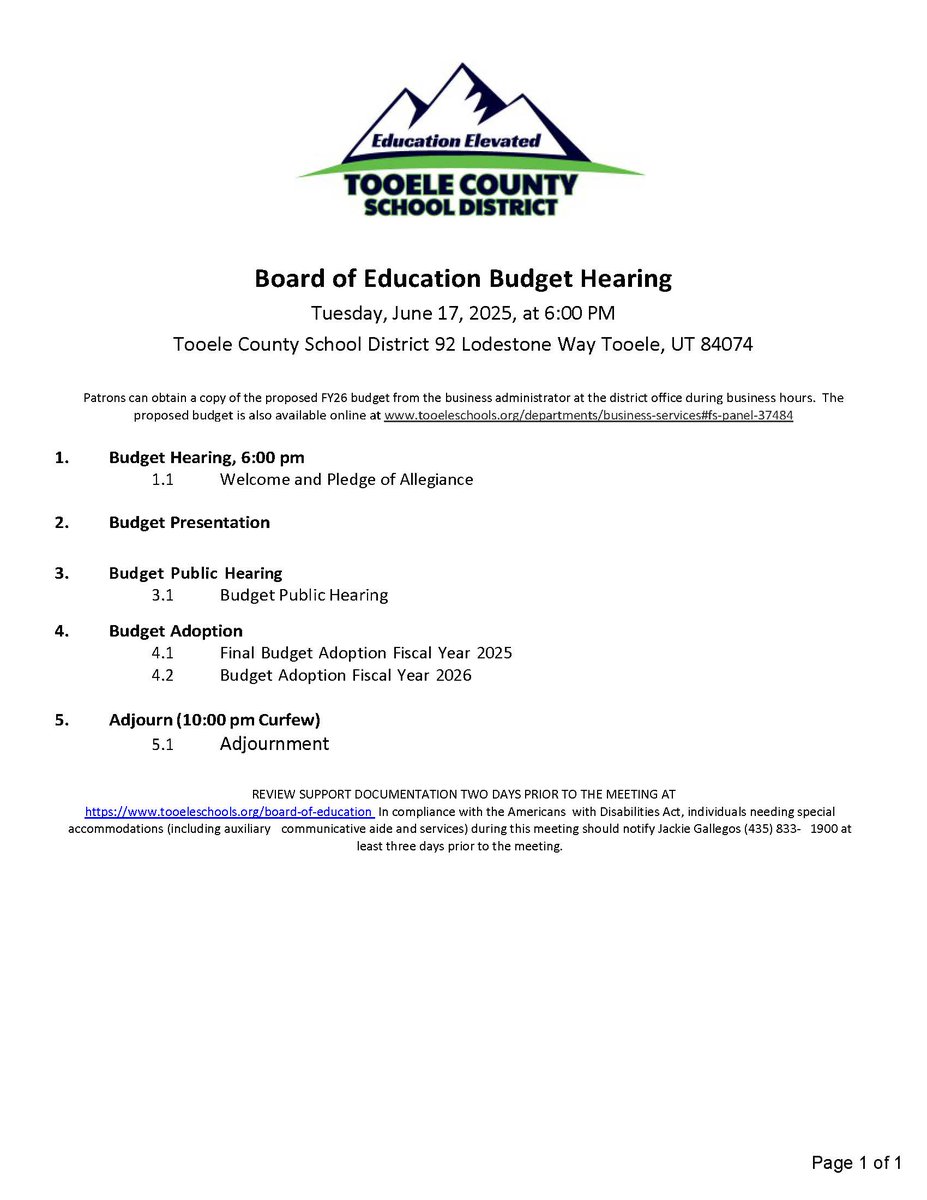 Join us tonight, June 17, at 6 p.m. for the Board of Education Budget Hearing at the Tooele County School District office, 92 Lodestone Way, Tooele. Watch the meeting at youtube.com/@TooeleSchools. The agenda is available at tooeleschools.org/board-of-educa…