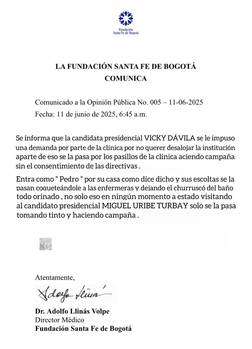 HelverHafc's tweet photo. La clínica Santa Fe donde se encuentra en cuidados intensivos el candidato presidencial Miguel Uribe Turbay , acaba de hacer un comunicado sobre la precandidata presidencial Vicky Dávila quien no quiere salir de la clínica y se la pasa haciendo campaña 👇🏻 https://t.co/E4CZelPrkw