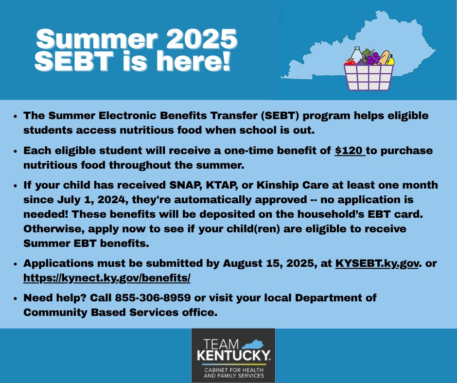 🌞 Summer 2025 SEBT is Here! 🌞 

For more details, visit: chfs.ky.gov/agencies/dcbs/…

Let’s keep our kids nourished and thriving all summer long! 🍎🥦

#TeamKentucky #SEBT #HealthySummer