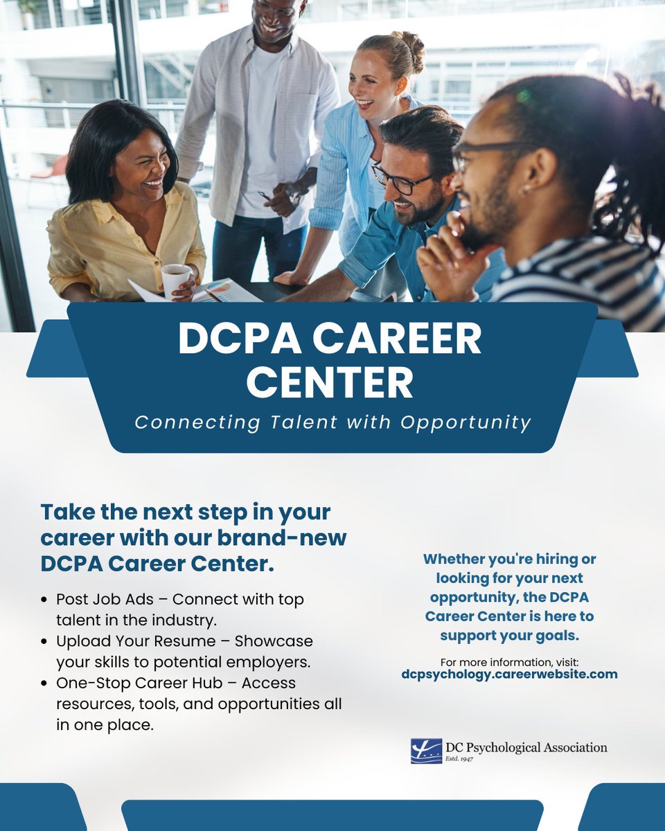 The new DCPA Career Center is live!

Designed to support psychology professionals at every stage of their career. Discover resources, job postings, and career development tools by visiting, dcpsychology.careerwebsite.com or our Linktree.