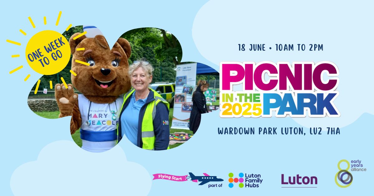 Join us at Picnic in the Park in a week on Wednesday 18th June!
There's lots to look forward to including free activities for children and families, family support stalls and more! Don't miss out!
#LutonPitP2025 Early Years Alliance Flying Start Luton