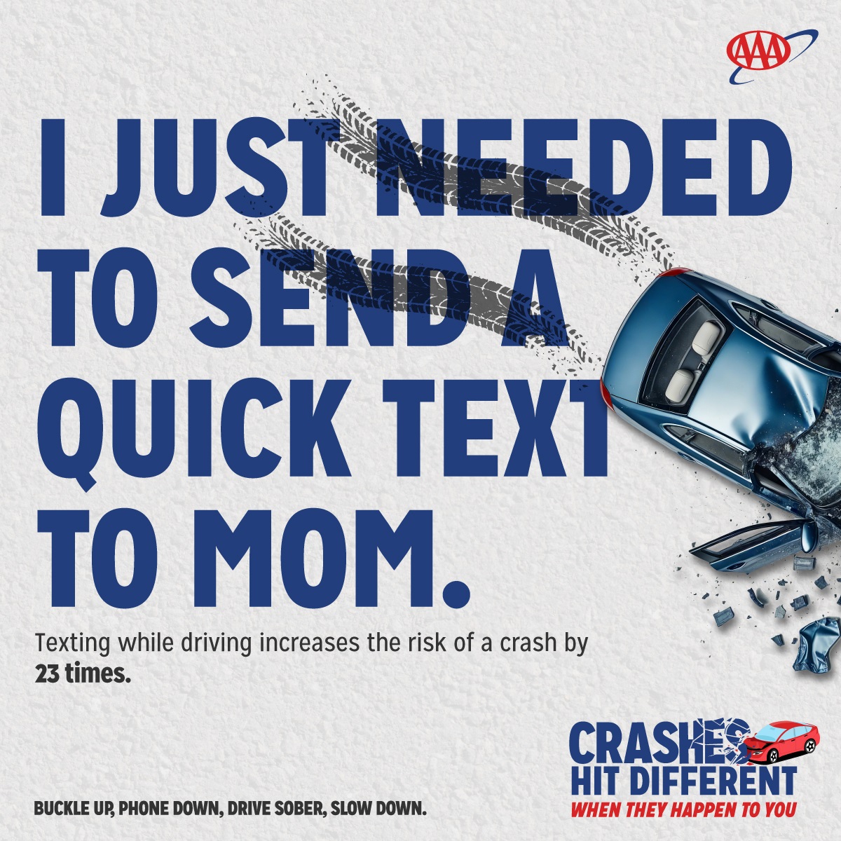 TSSAA's tweet image. Texting while driving distracts your brain for longer than you might imagine and it increases your risk of a crash by 23 times. Put your phone down to drive.
@AAATennessee