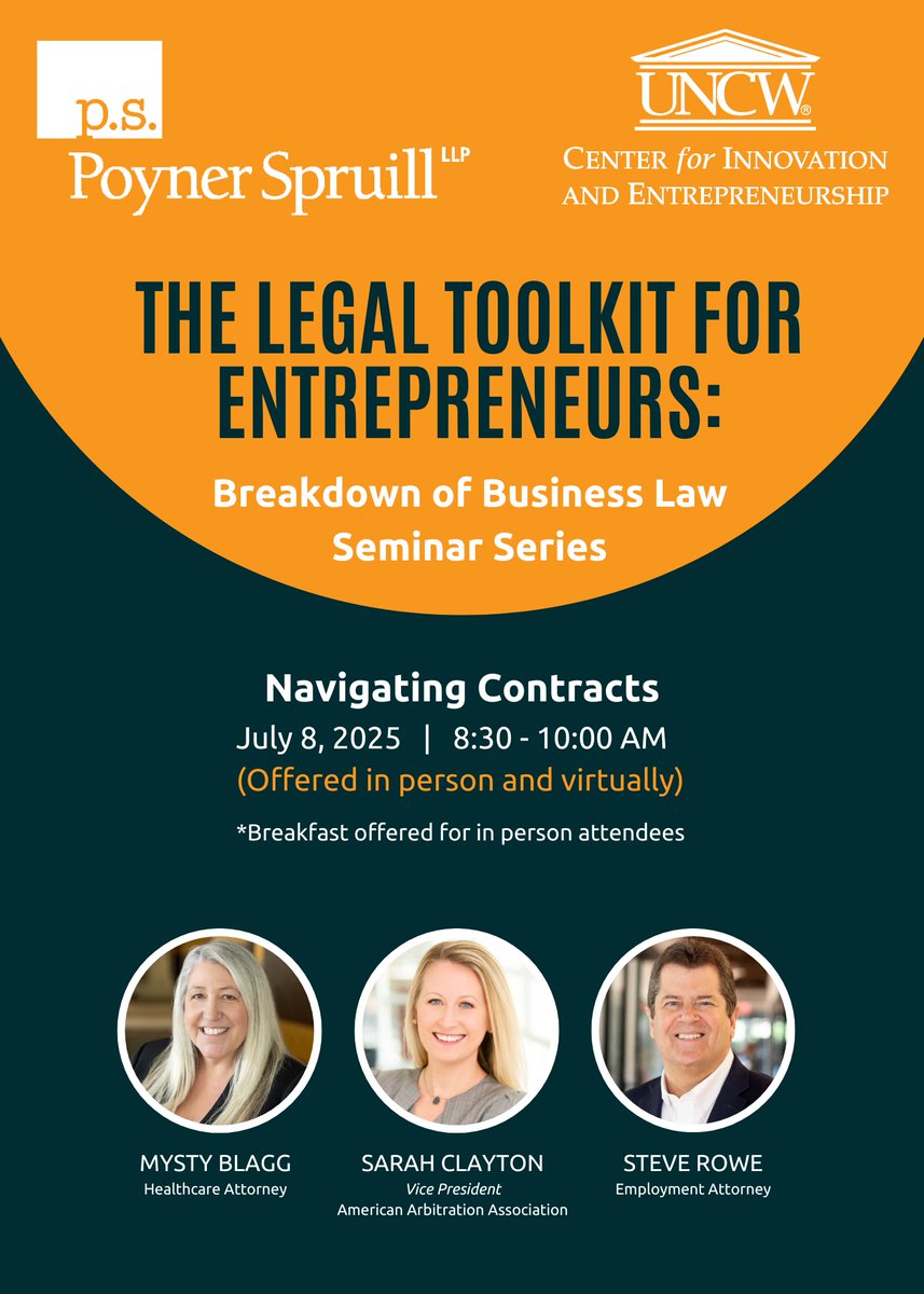 Poyner Spruill Law (@poynerspruill) on Twitter photo Join p.s. attorneys Mysty Blagg and Steve Rowe as they sit down with special guest Sarah Clayton to discuss navigating contracts. The seminar will be held July 8 at the <a href="/UNCW_CIE/">UNCW Center for Innovation & Entrepreneurship</a> and streamed virtually. Register today: poynerspruill.com/events/the-leg… Join p.s. attorneys Mysty Blagg and Steve Rowe as they sit down with special guest Sarah Clayton to discuss navigating contracts. The seminar will be held July 8 at the <a href="/UNCW_CIE/">UNCW Center for Innovation & Entrepreneurship</a> and streamed virtually. Register today: poynerspruill.com/events/the-leg…