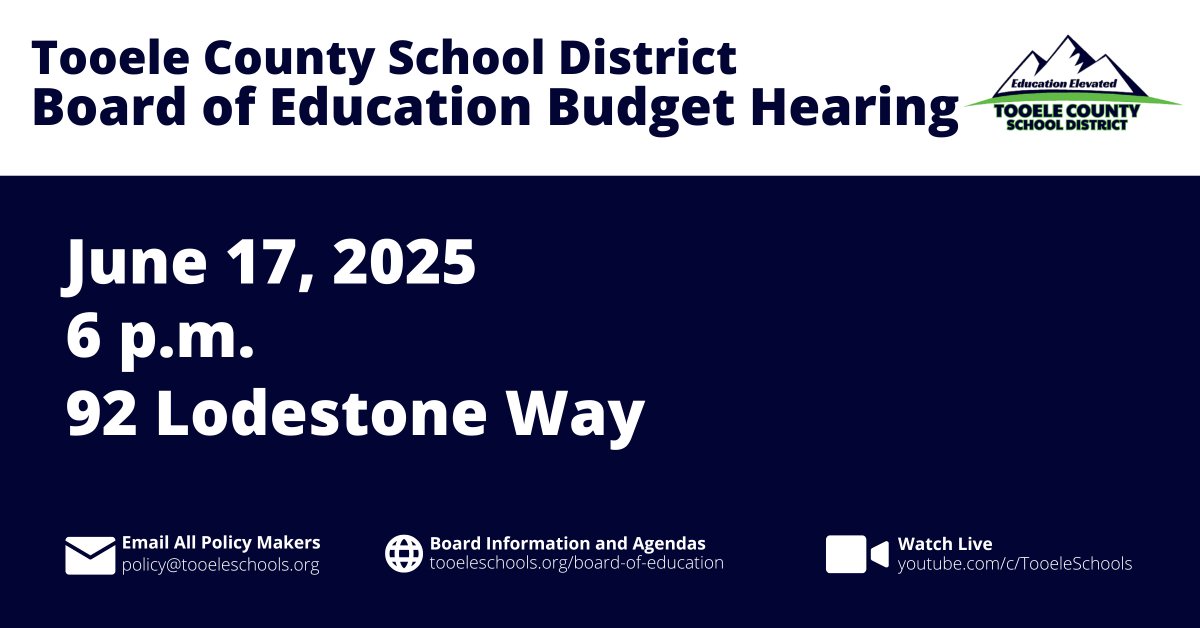 Join us on June 17 at 6 p.m. for the Board of Education Budget Hearing at the Tooele County School District office, 92 Lodestone Way, Tooele. Watch live at youtube.com/@TooeleSchools. The agenda is available at tooeleschools.org/board-of-educa…