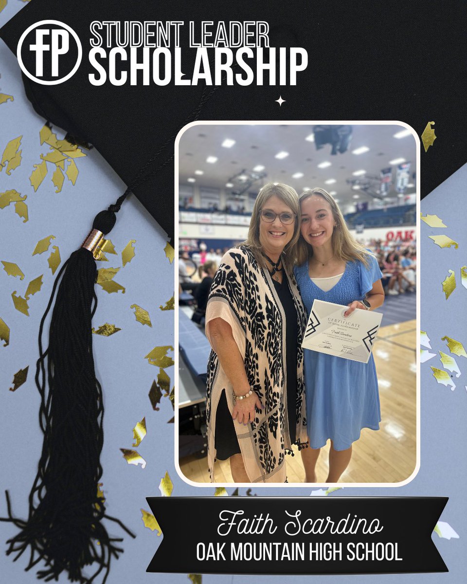 🥁 Congratulations to Faith Scardino, who won a Student Leader Scholarship from First Priority of America! She faithfully led the way at Oak Mountain High School during her time there!